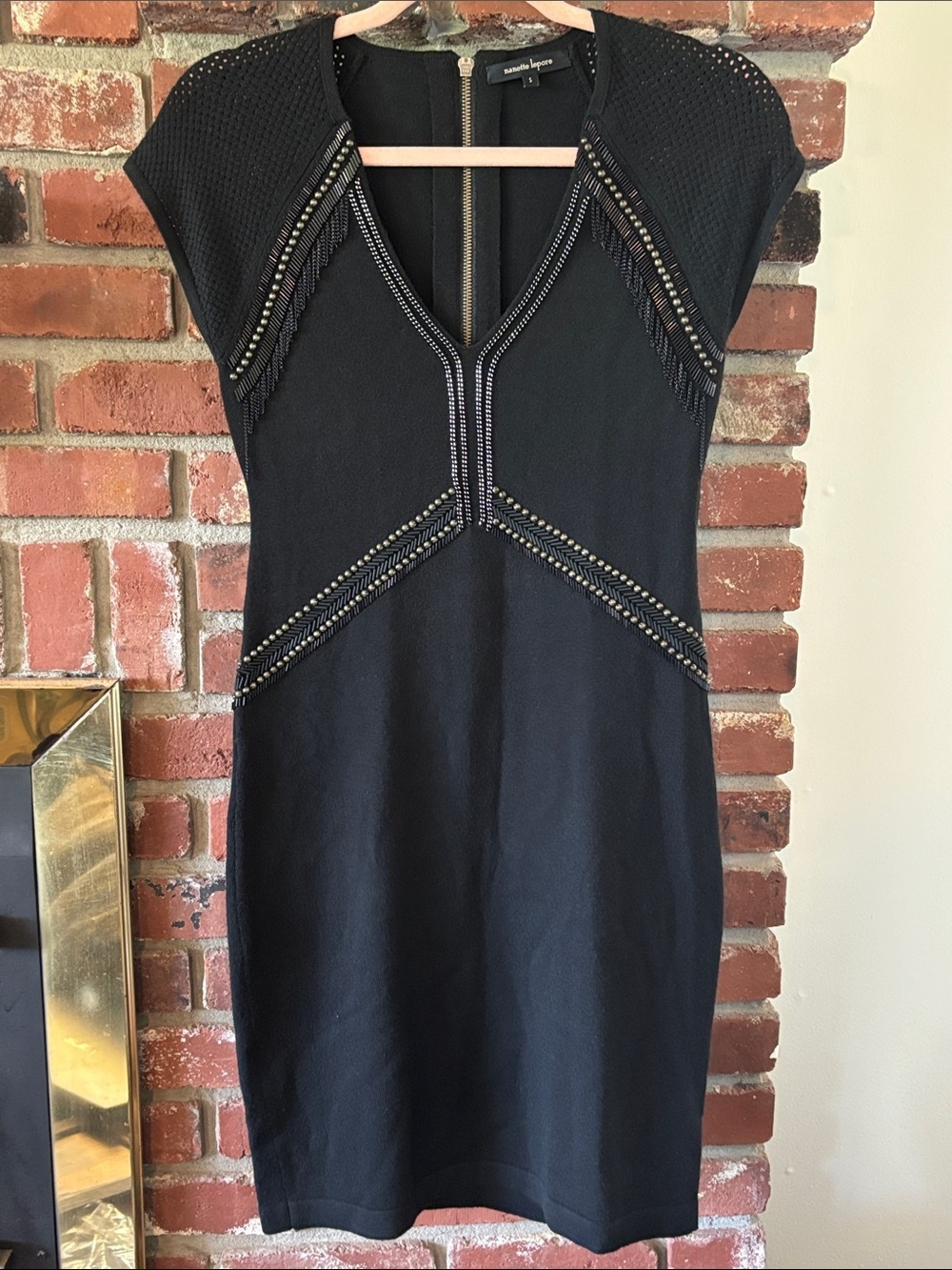 Nanette Lepore Black Cocktail Beaded Wool Knit Mini Dress Womens Sz Small